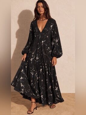 NWT YaYa 100% Viscose Floral Print Dark Gray Maxi Dress Size XL Boho Cottagecore